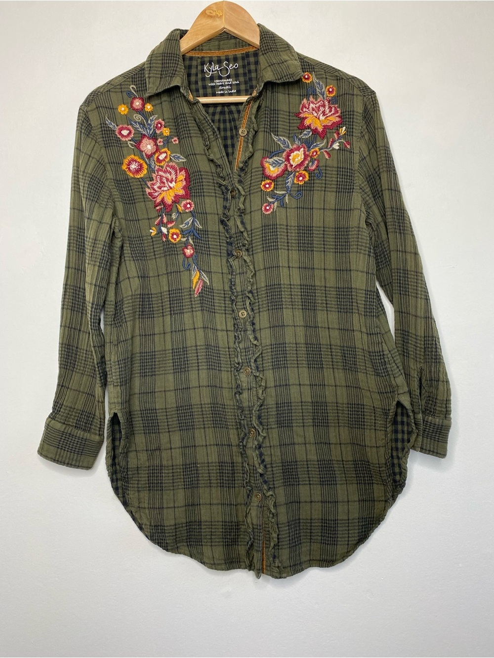 Kyla seo Embroidered Plaid Button Up Shirt Tunic Size S boho western
